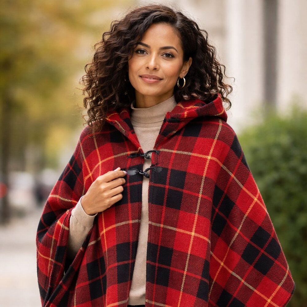 Burberry Japan Blue Label Hooded Tartan Wool Cape  + Gift Bag + Garment Bag